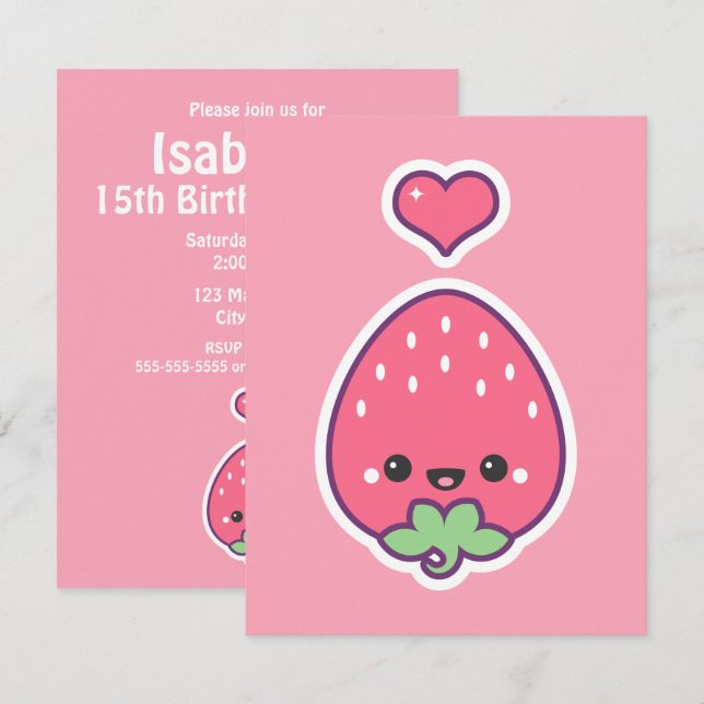 Invitación Fiesta de cumpleaños de la fresa de Kawaii (Anverso / Reverso)