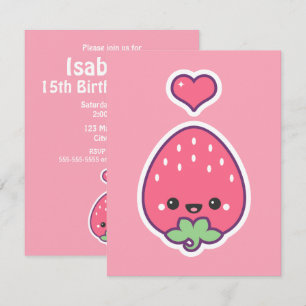 Invitación Fiesta de cumpleaños de la fresa de Kawaii