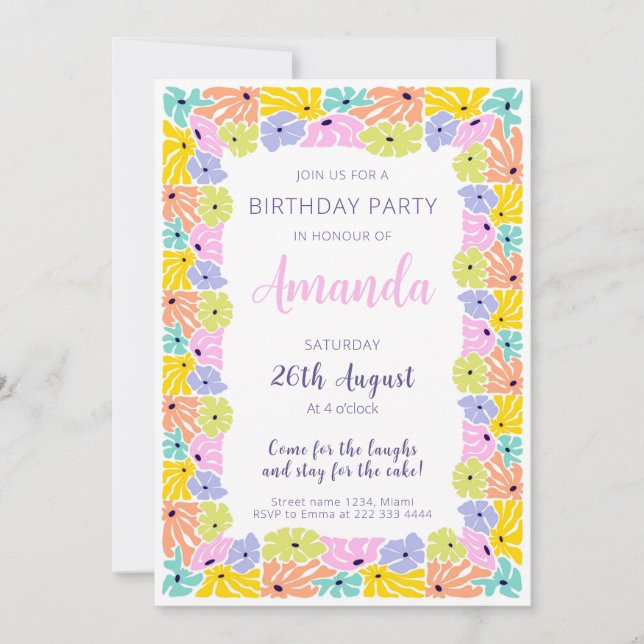 Invitación Fiesta de cumpleaños de la frontera de la florecie (Anverso)