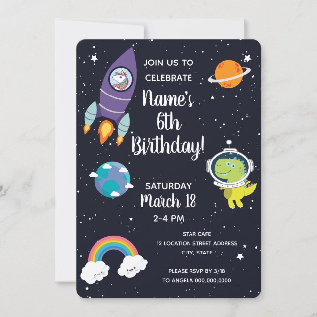 Invitación Fiesta de cumpleaños de la galaxia de dinosaurios  (Anverso)