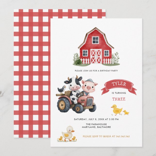 Invitación Fiesta de cumpleaños de la granja Cute Farm Animal (Anverso / Reverso)