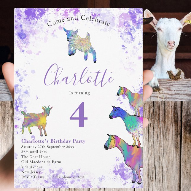 Invitación Fiesta de cumpleaños de la granja Cute Goats (Farm goats 4th birthday party invitation colorful watercolor animal art)
