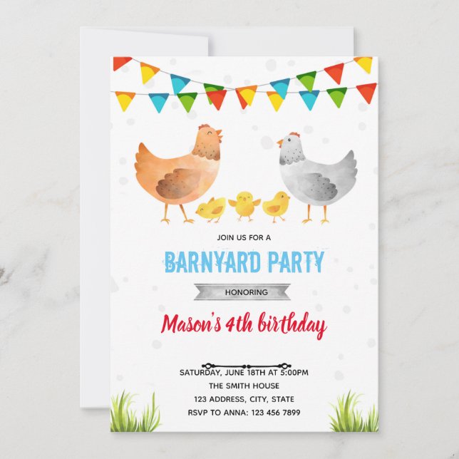 Invitación Fiesta de cumpleaños de la granja de pollo (Anverso)