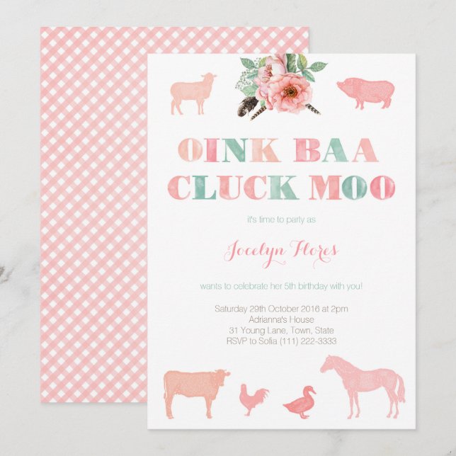 Invitación Fiesta De Cumpleaños De La Granja Para El Chica, M (Anverso / Reverso)
