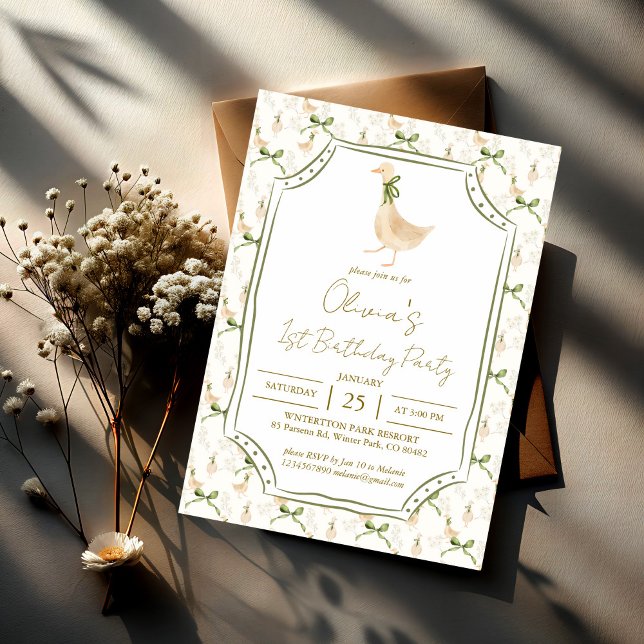 Invitación Fiesta de cumpleaños de la guardería de oca rima (Goose nursery rhymes birthday party invitation template silly goose party invite sage green ribbon)