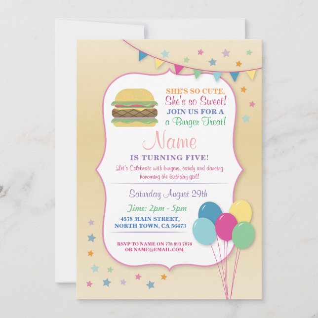 Invitación Fiesta de cumpleaños de la hamburguesa que (Anverso)