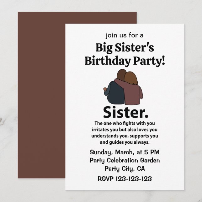 Invitación Fiesta de cumpleaños de la hermana mayor (Anverso / Reverso)