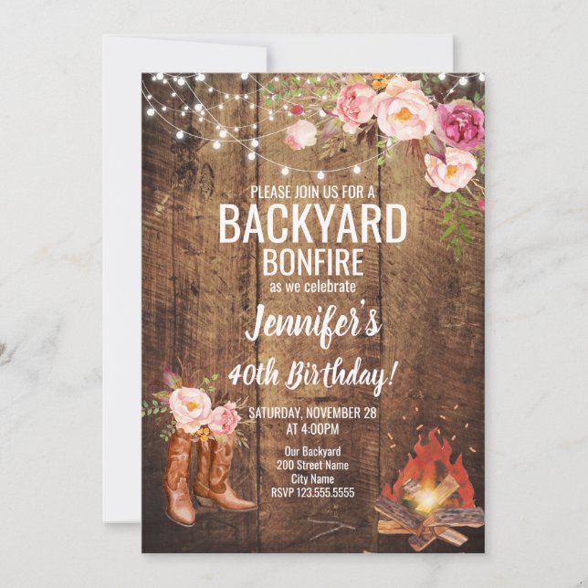 Invitación Fiesta de cumpleaños de la hoguera de patio traser (Anverso)