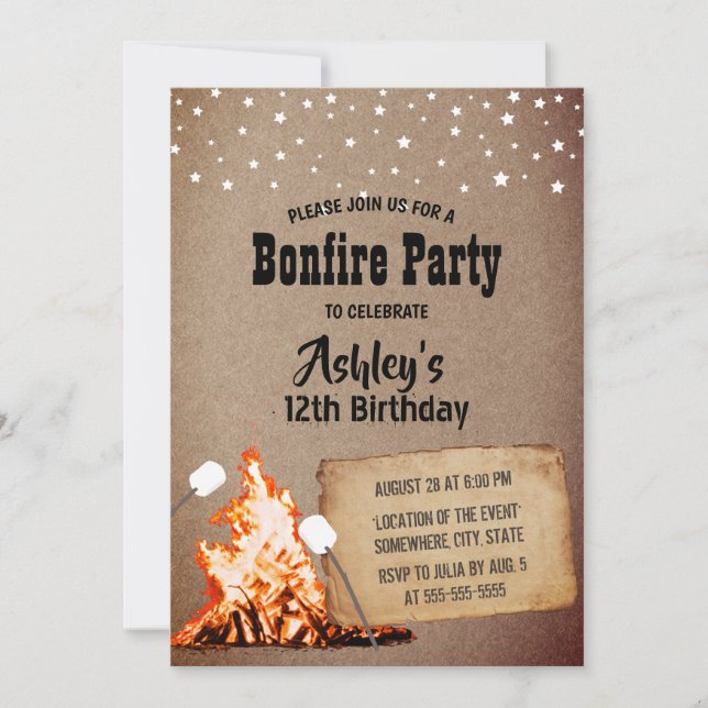 Invitación Fiesta de cumpleaños de la hoguera Rustic Kraft (Anverso)