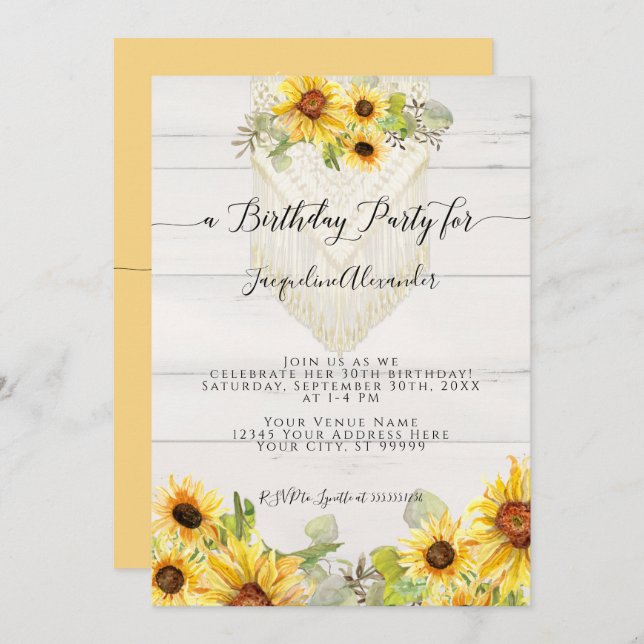 Invitación Fiesta de cumpleaños de la hoja floral de girasol  (Anverso / Reverso)