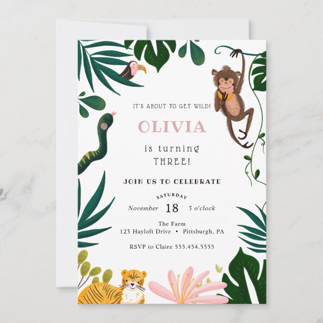Invitación Fiesta de cumpleaños de la jungla (Anverso)