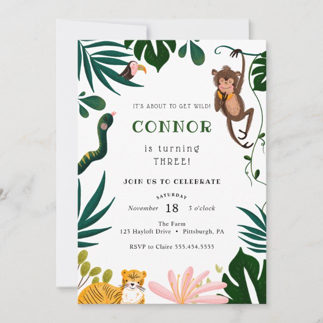 Invitación Fiesta de cumpleaños de la jungla (Anverso)