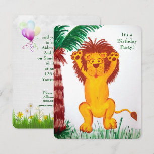 Invitación fiesta de cumpleaños de la jungla con feliz león