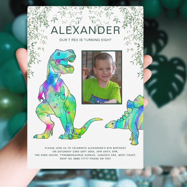 Invitación Fiesta de cumpleaños de la jungla de dinosaurios T (T-Rex dinosaur jungle photo template 8th birthday party invitation )