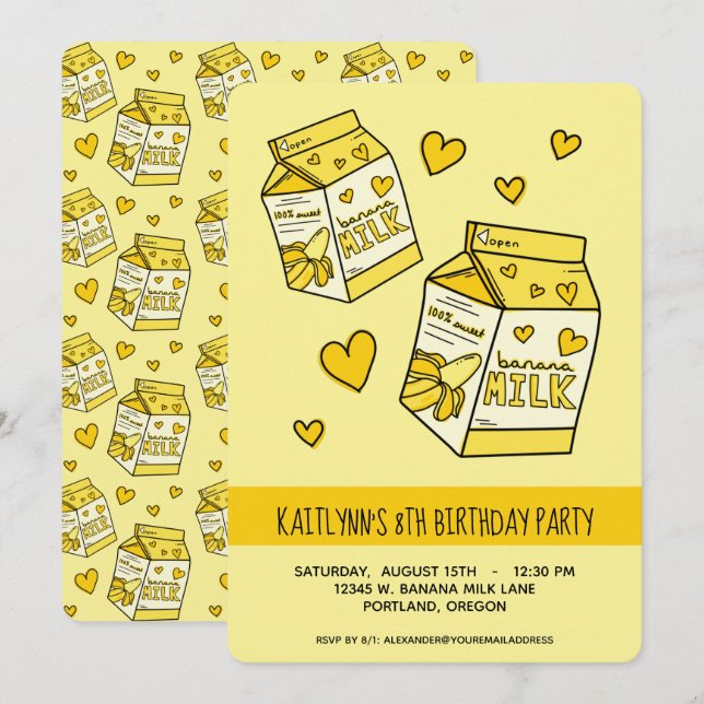 Invitación Fiesta de cumpleaños de la leche de plátano (Anverso / Reverso)