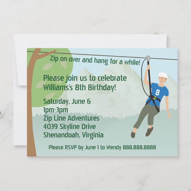 Invitación Fiesta de cumpleaños de la línea Zip Lining (Anverso)