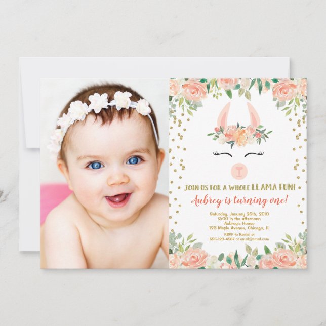 Invitación Fiesta de cumpleaños de la llama, foto linda (Anverso)