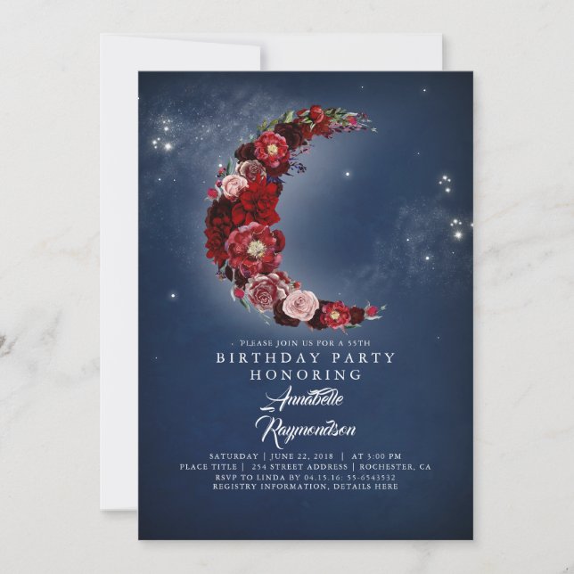 Invitación Fiesta de cumpleaños de la luna floral de la marin (Anverso)