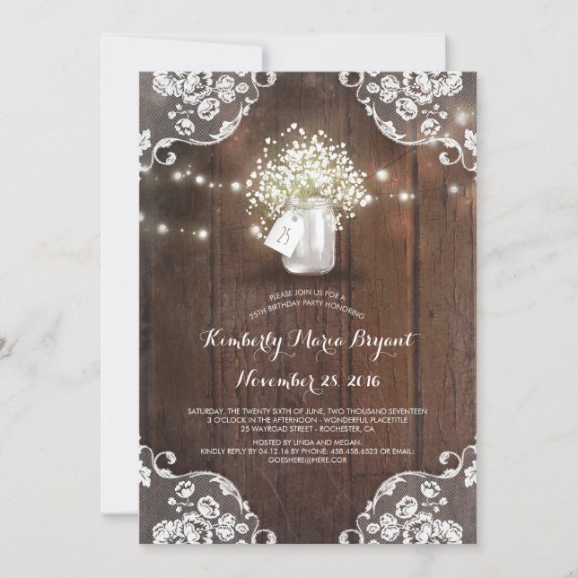 Invitación Fiesta de cumpleaños de la madera de Mason Jar Bar (Anverso)