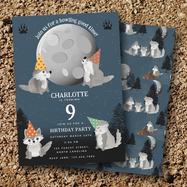 Invitación Fiesta de Cumpleaños de la Manada de Lobos bajo la (Wolf Pack Woodland Moon Howling Birthday Party Invitation)