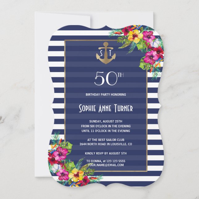 Invitación Fiesta de cumpleaños de la Marina Tropical Floral  (Anverso)