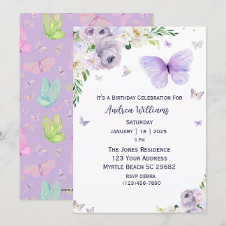 Invitación Fiesta de cumpleaños de la mariposa morada floral