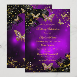 Invitación Fiesta de cumpleaños de la mariposa negra de oro e
