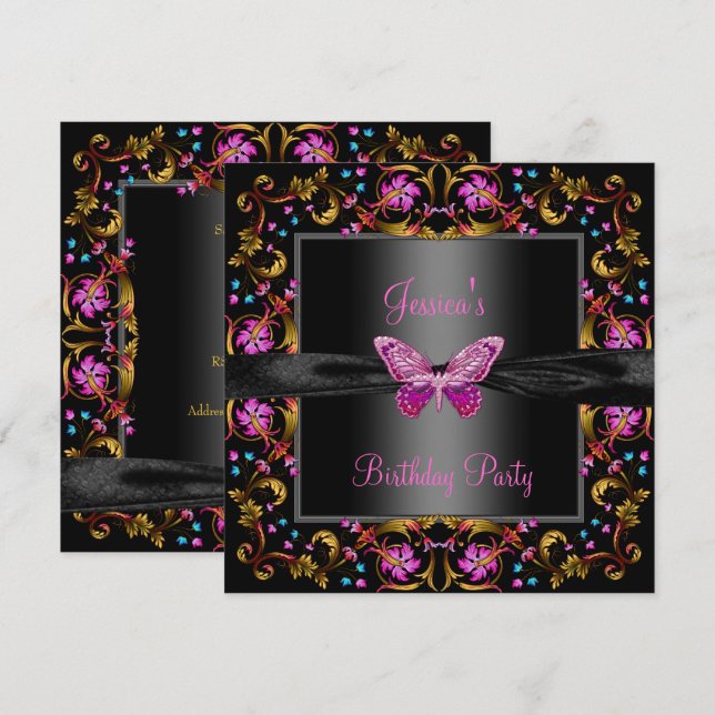 Invitación Fiesta de cumpleaños de la mariposa negra rosa flo (Anverso / Reverso)