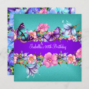Invitación Fiesta de cumpleaños de la mariposa rosa azul mora