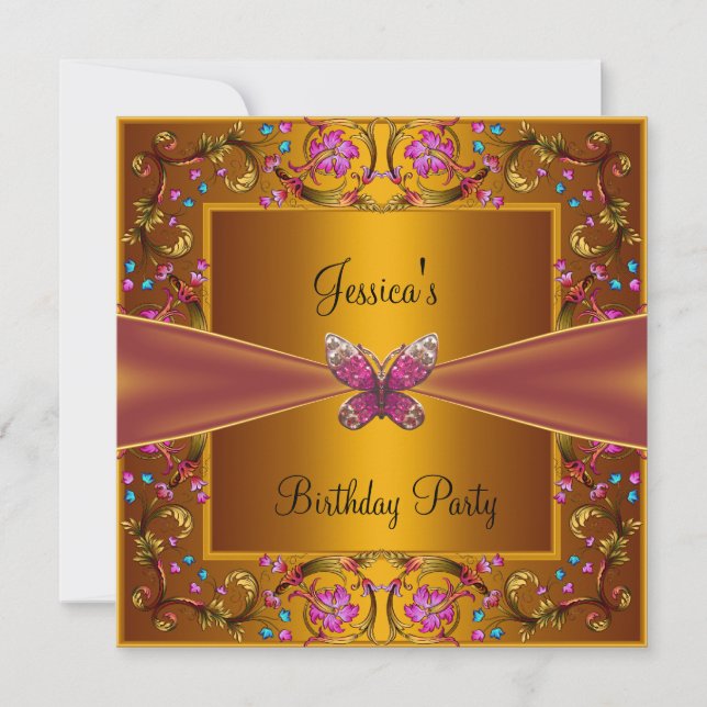 Invitación Fiesta de cumpleaños de la mariposa rosa dorada fl (Anverso)