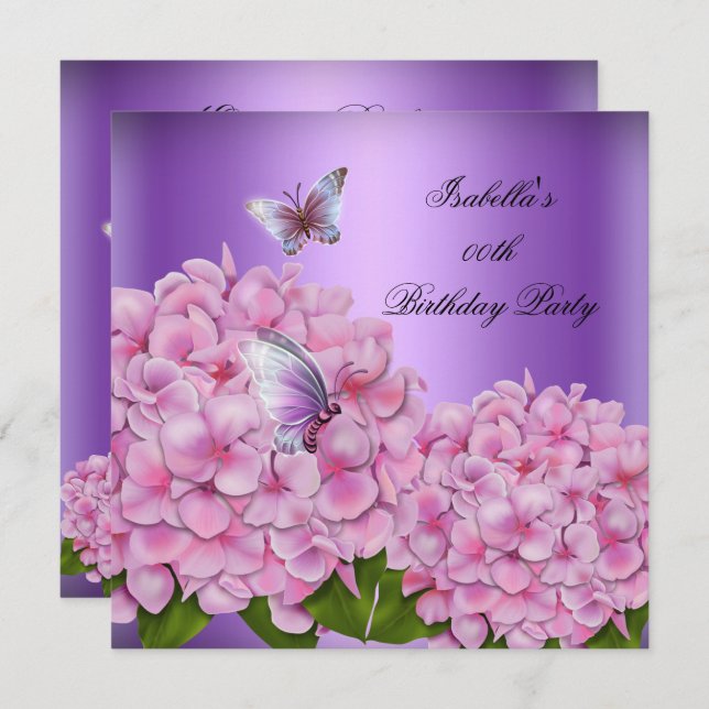 Invitación Fiesta de cumpleaños de la mariposa rosa morada fl (Anverso / Reverso)