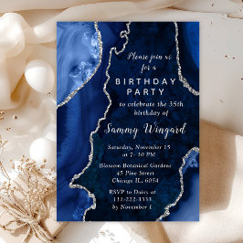 Invitación Fiesta de cumpleaños de la mármol Navy Blue y Silv