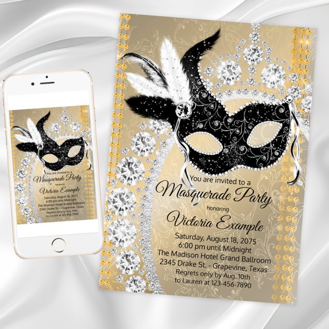 Invitación Fiesta de cumpleaños de la mascarada de diamantes  (Black and gold masquerade party invitation with mask and diamonds. For download and print.)