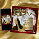Invitación Fiesta de cumpleaños de la mascarada de oro y rojo<br><div class="desc">La elegante invitación a la fiesta de máscaras de cumpleaños rojo y oro de la mujer con hermosos zapatos altos de tacón purpurina de oro y máscara ornamentada de mascarada de oro y copa de champán en un fondo rojo, negro y dorado bonito. Esta invitación de fiesta de mascaradas roja,...</div>