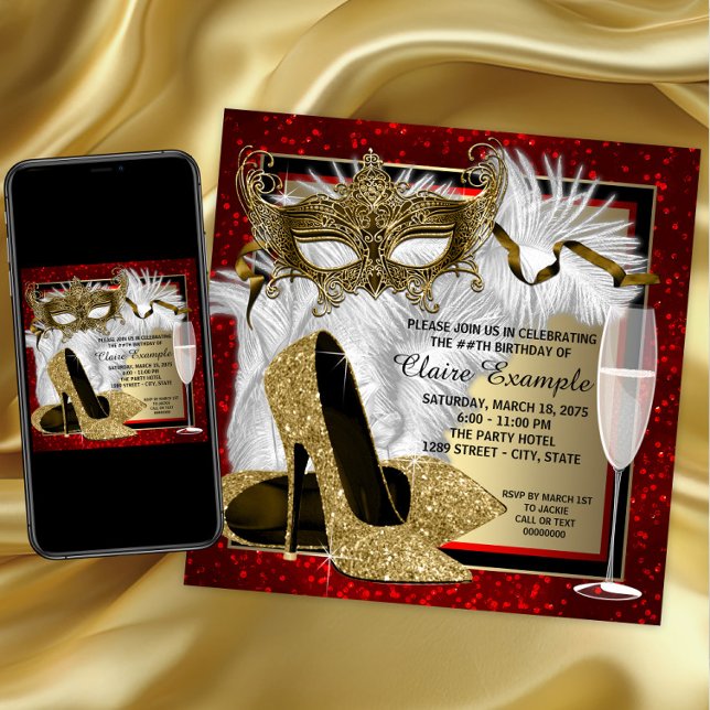 Invitación Fiesta de cumpleaños de la mascarada de oro y rojo (Womans red gold masquerade party invitation with mask and high heel shoes. Download and printed.)
