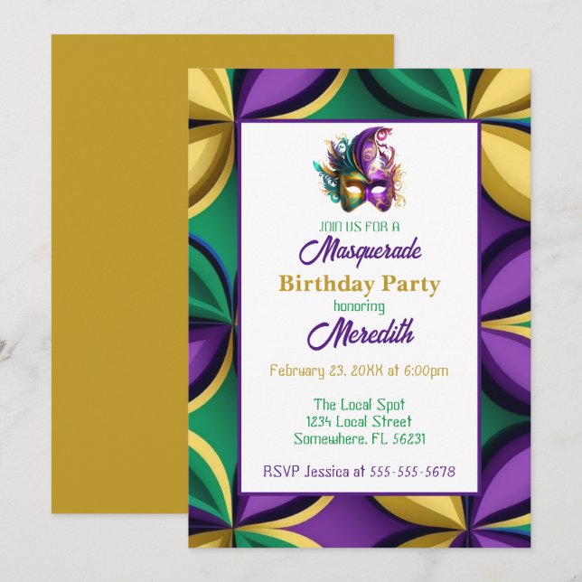 Invitación Fiesta de cumpleaños de la mascarada Mardi Gras (Anverso / Reverso)