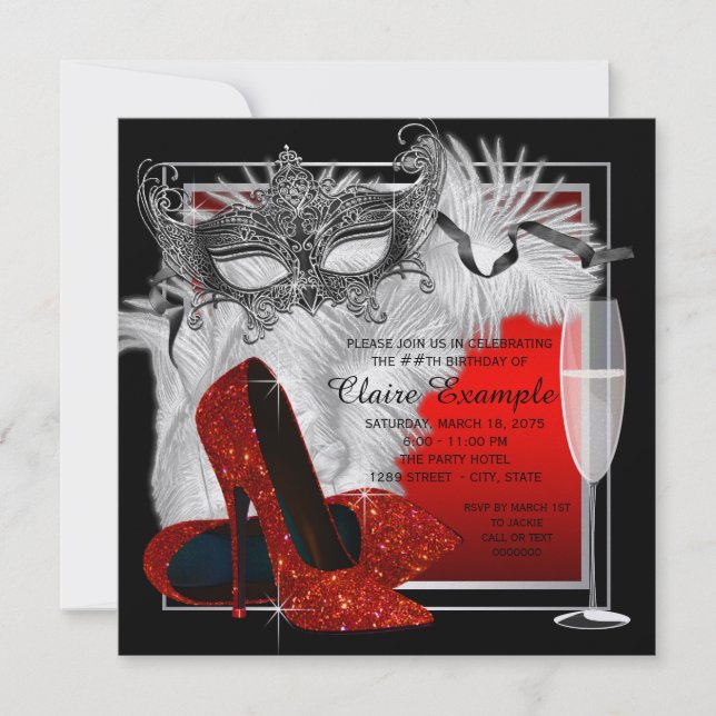 Invitación Fiesta de cumpleaños de la mascarada negra y roja  (Anverso)