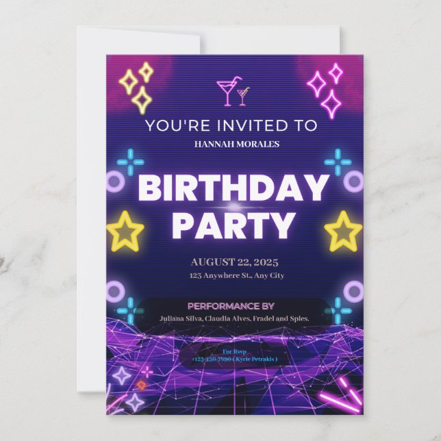 Invitación Fiesta de cumpleaños de la Neón Púrpura (Anverso)