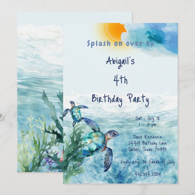 Invitación Fiesta de cumpleaños de la niña de la tortuga mari (Anverso / Reverso)