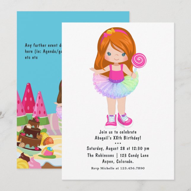 Invitación Fiesta de Cumpleaños de la Niña Tutú de Candy Land (Anverso / Reverso)