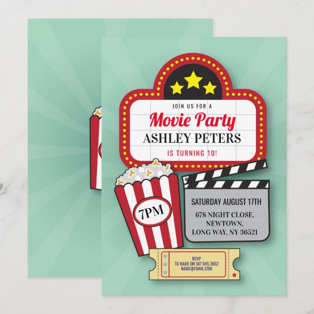 Invitación Fiesta de cumpleaños de la noche de cine Cine de c (Anverso / Reverso)