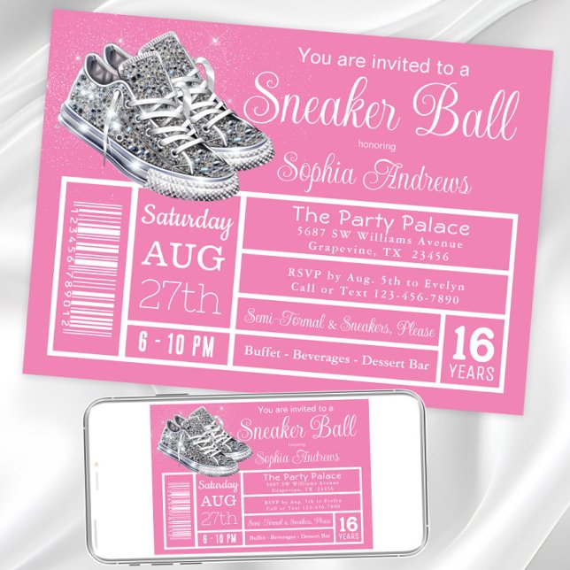 Invitación Fiesta de cumpleaños de la Noche de Diamantes Rosa (Pink sneaker ball invitation. Instant download and printed invitations available.)