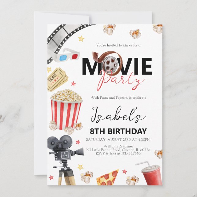 Invitación Fiesta de cumpleaños de la noche de la película (Anverso)