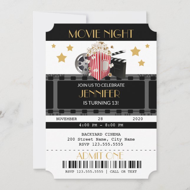 Invitación Fiesta de cumpleaños de la noche de la película (Anverso)