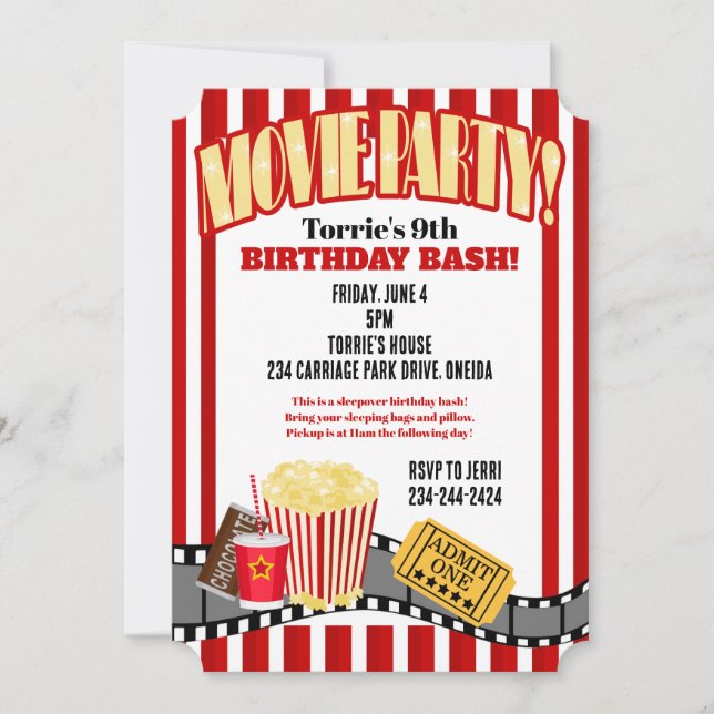 Invitación Fiesta de cumpleaños de la noche de la película (Anverso)