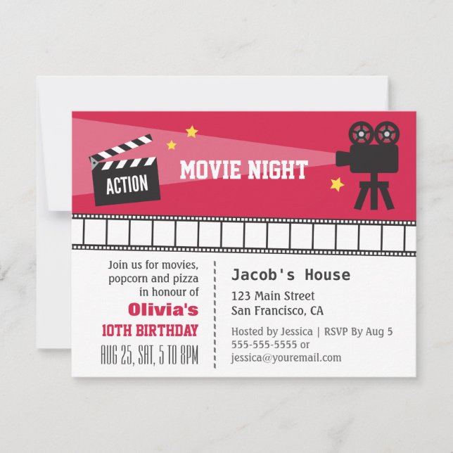 Invitación Fiesta de cumpleaños de la noche de la película de (Anverso)
