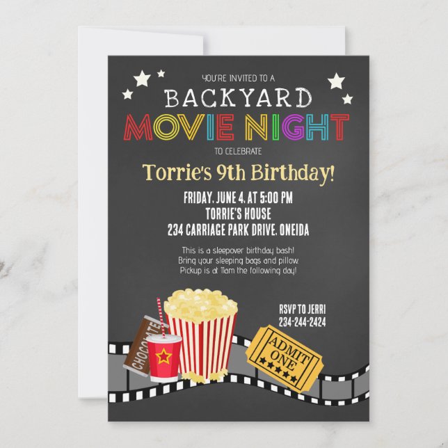 Invitación Fiesta de cumpleaños de la noche de la película de (Anverso)