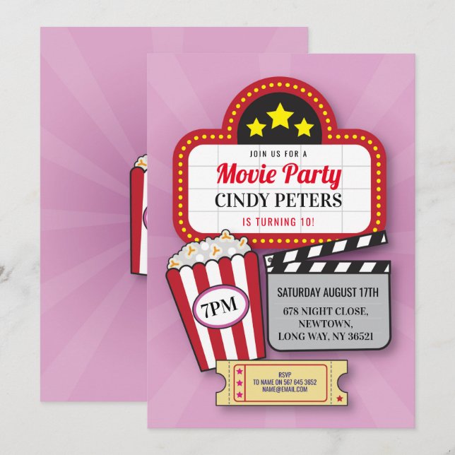 Invitación Fiesta de cumpleaños de la noche de la película de (Anverso / Reverso)