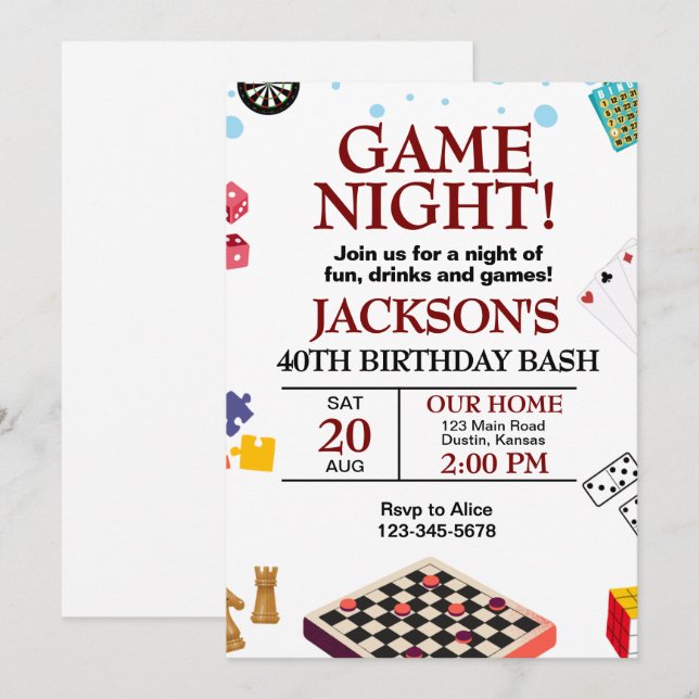 Invitación Fiesta de cumpleaños de la noche del juego (Anverso / Reverso)
