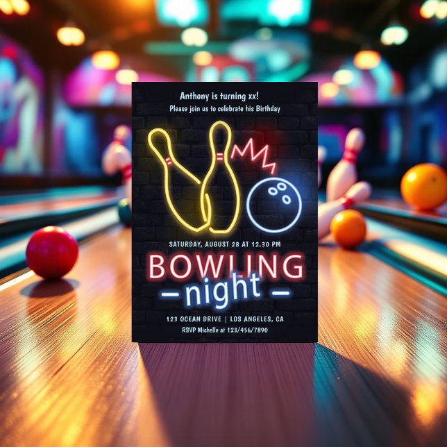 Invitación Fiesta de cumpleaños de la noche del Neon Bowling (Neon Bowling Birthday Party Invitation)